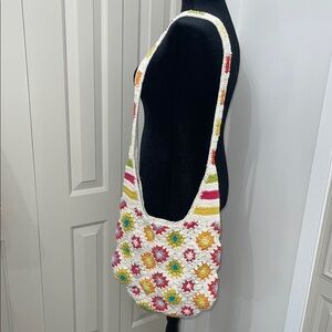 Handmade White Crochet Shoulder Bag with Multicolor Floral Accents